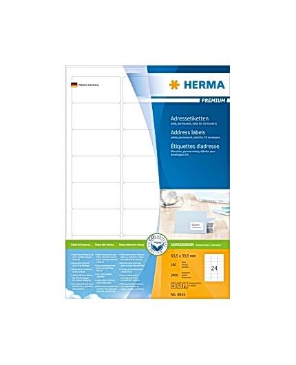 119701 Herma 4645 Etikett HERMA adr A4 63,5x33,9mm (2400) 24 etiketter pr ark (100 ark pr pakke)